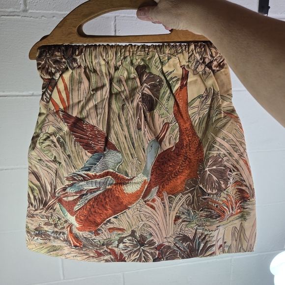 Vtg 70s Wood Handle Duck Fabric Large Handbag - Picture 4 of 8